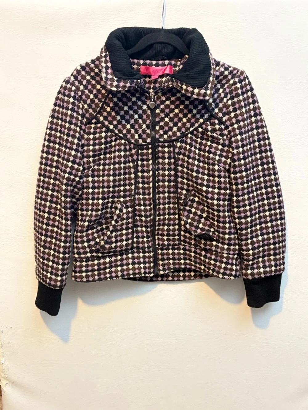 Paris Hilton Houndstooth Wool Blend Black Purple Zip Jacket XL Girls (S Women’s)